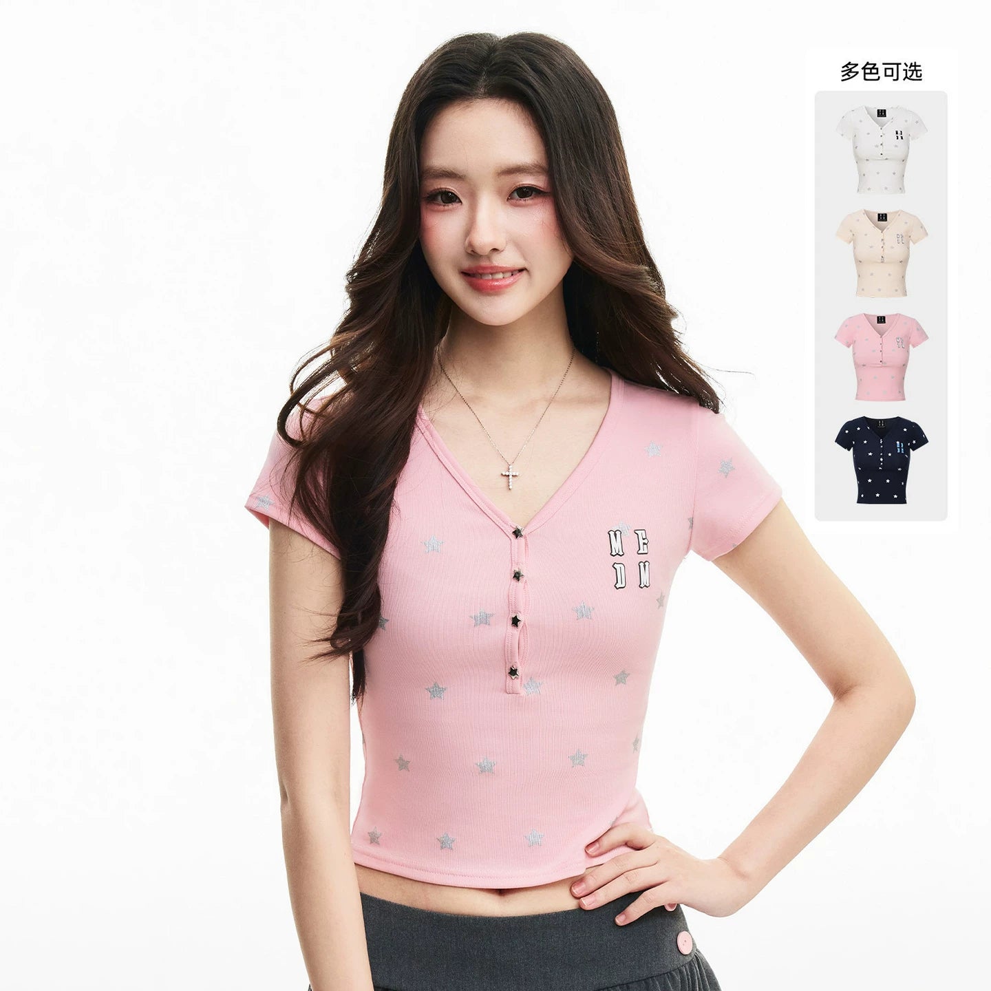 MEDM Star Flash V-neck Henley collar full printed star casual short sleeved letter 3D printed slimming short T-shirt
