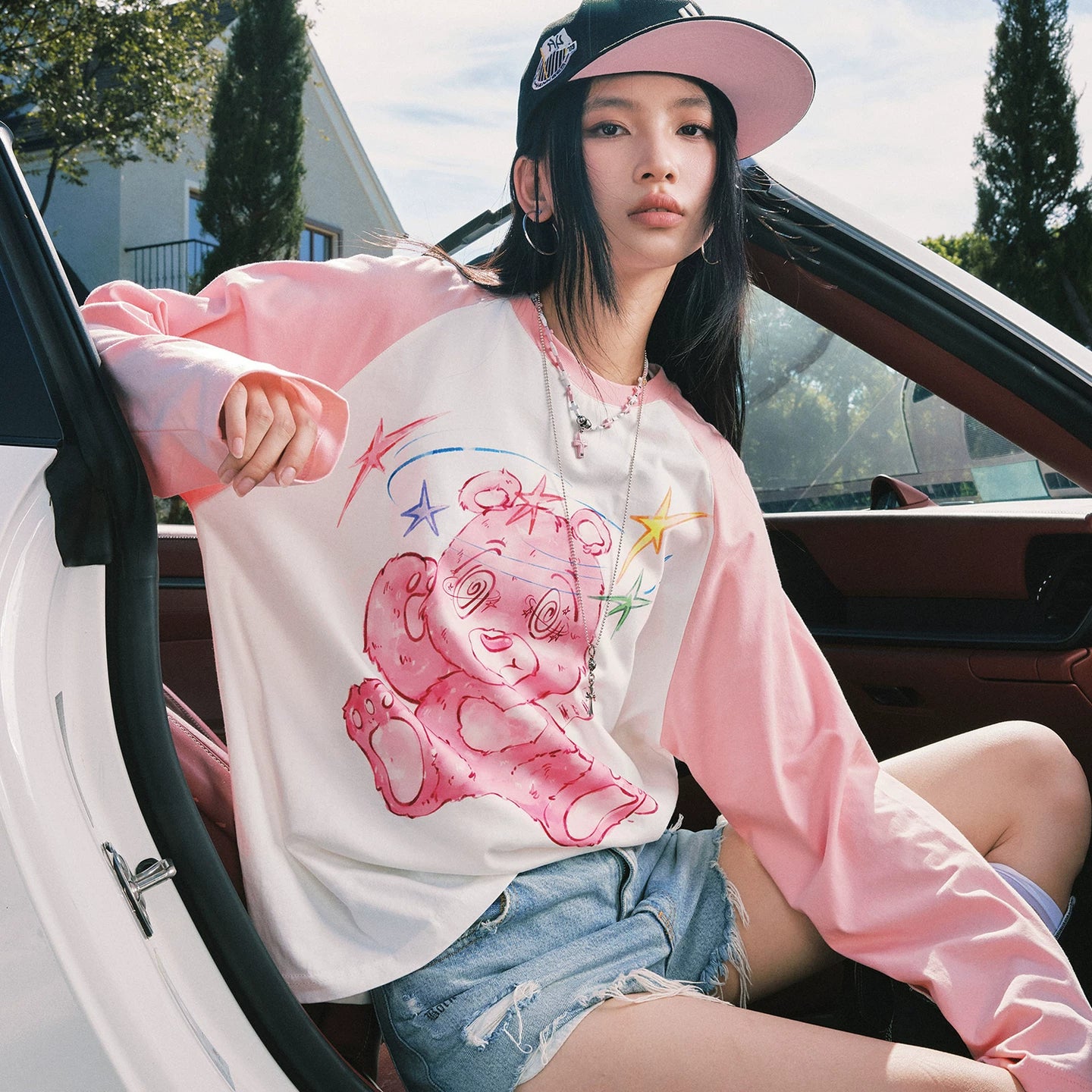 MEDM Dazzling Bear Series Printed Thin Fabric Shoulder Insertion Long Sleeve T-shirt Spring and Autumn Trendy Brand Round Neck Couple's Top