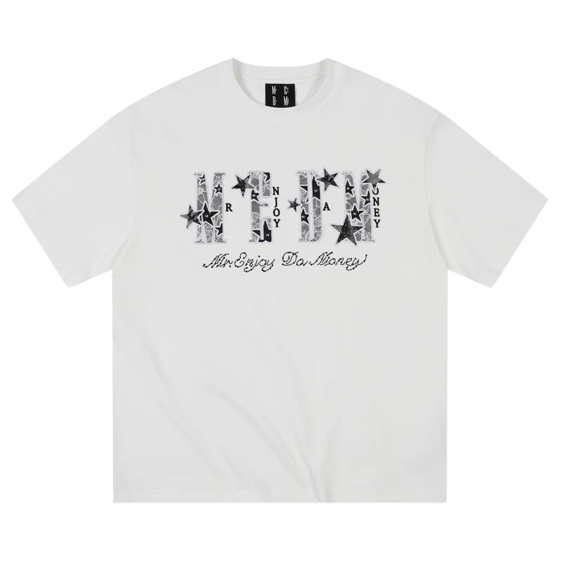 MEDM26SS Star Burst Lace Patch Short Sleeve Men's American Hip Hop Summer T-shirt Women's Casual Couple Tee