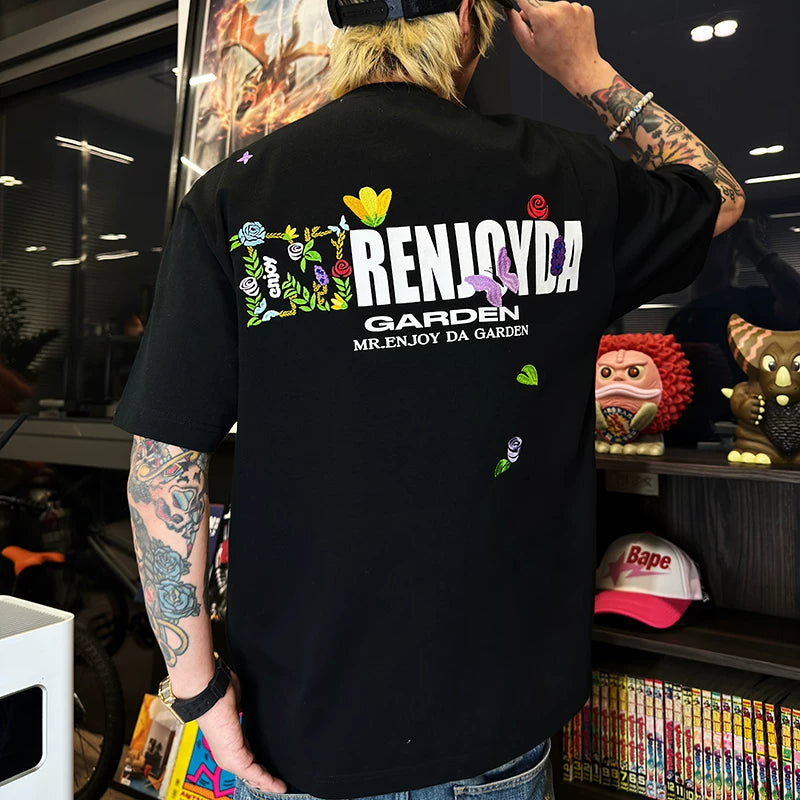 MEDM Embroidered Flower Short Sleeve T-shirt for Men's Summer Trendy Brand Ins American Leisure High Street Versatile Couple Half Sleeve T-shirt