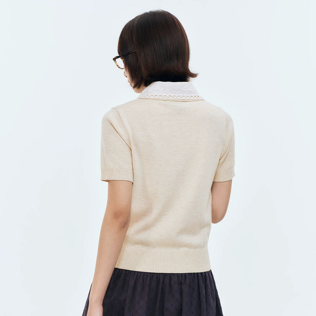 MEDM detachable lace collar casual knitted polo shirt simple and versatile sweet cool style loose short sleeved summer women