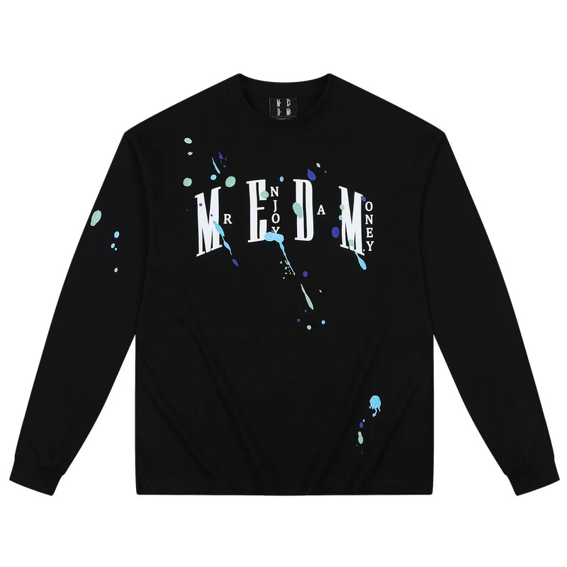 MEDM paint splatter embroidery print casual round neck long sleeved T-shirt American versatile breathable comfortable couple top