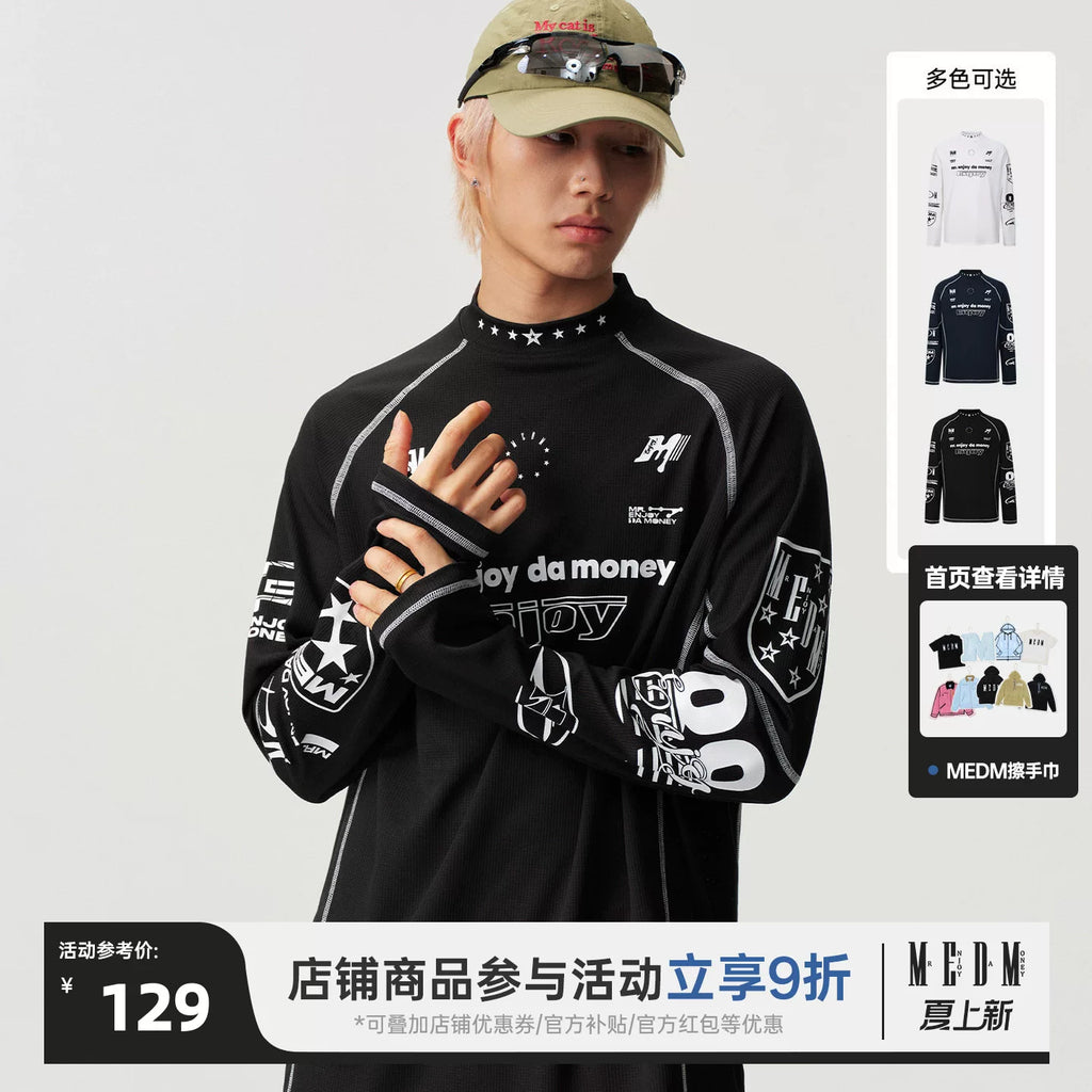 MEDM combination letter logo print contrasting bright line sports long sleeved T-shirt trendy outdoor casual quick drying top