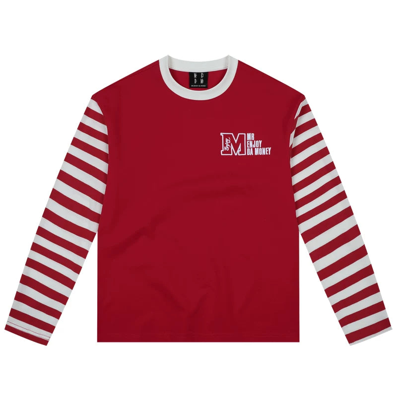 MEDM American retro long sleeved T-shirt with contrasting collar, trendy top for both men and women, loose T-shirt for spring 2025, new T-shirt for youth and fashion, spliced T-shirt