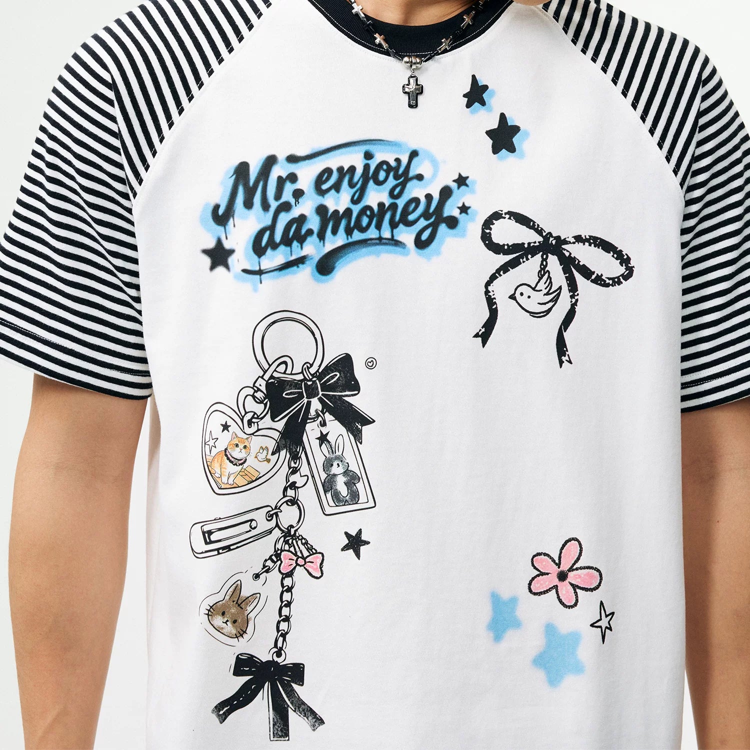 MEDM striped patchwork cute graffiti animal keychain loose round neck T-shirt retro breathable casual short sleeved summer