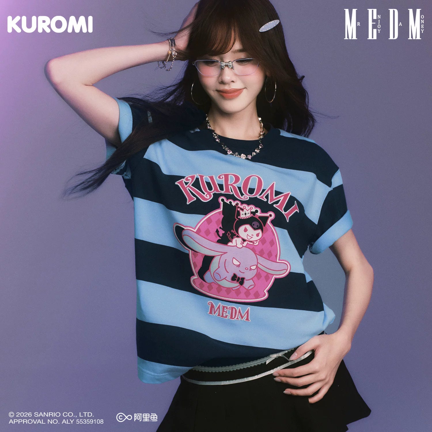 MEDM × Sanrio Family Series Striped Cool Lomi Pattern Printed Casual Short Sleeve Summer Loose Round Neck T-shirt