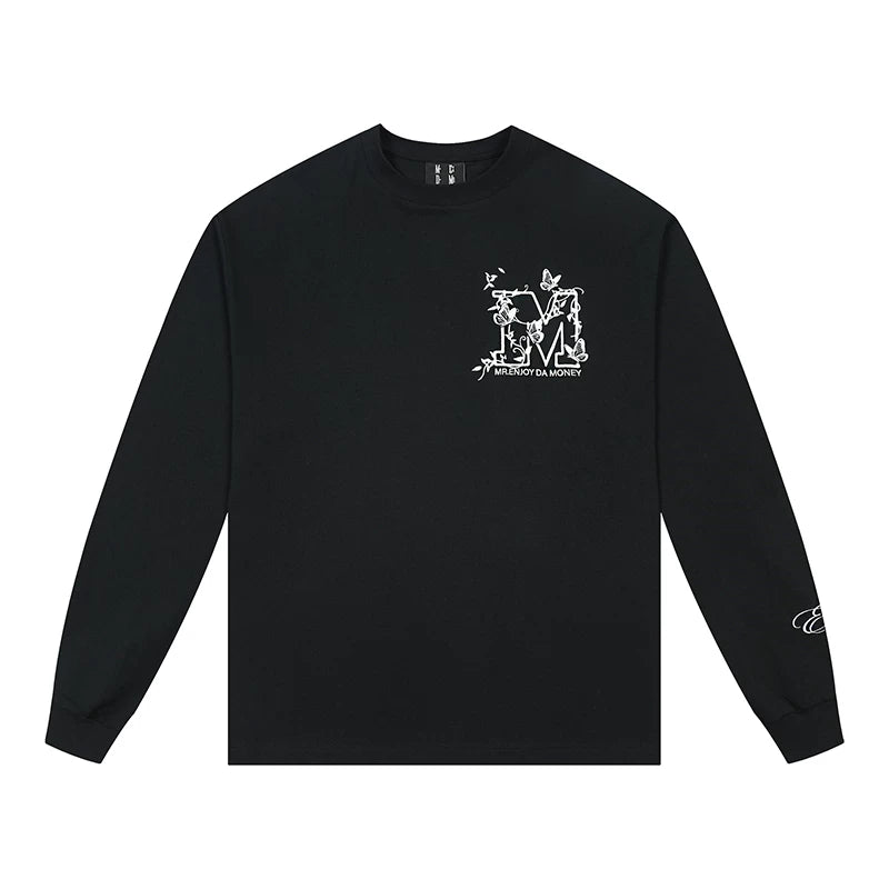 MEDM Big M Butterfly Vine Embroidered Long Sleeve T-shirt for Men in Spring and Autumn, American Retro Round Neck Loose Casual T-shirt Trendy