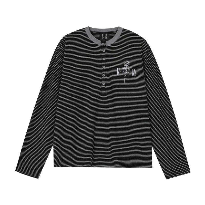 MEDM letter embroidery Henry collar striped casual long sleeved T-shirt for spring and autumn American versatile loose fitting men and women's top t