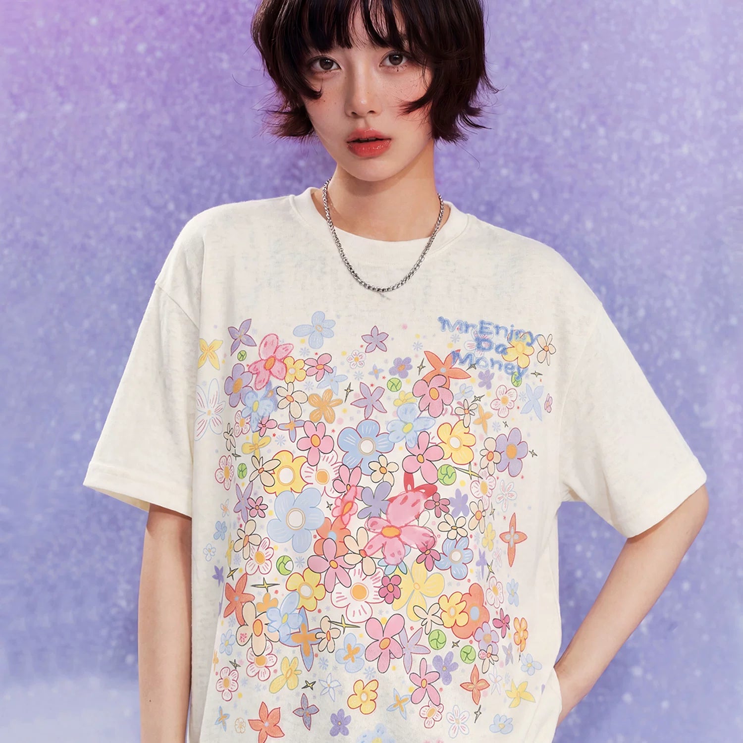 MEDM Dream Illusion Bubble Full Print Flower Sea Dream Sleep Manga Flower Printed Colorful Yarn Casual Short Sleeve Loose Round Neck T-shirt