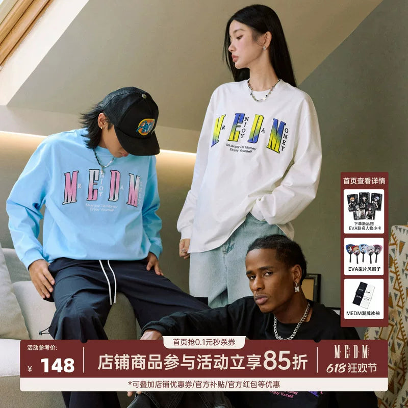 MEDM toothbrush embroidered seal long sleeved T-shirt for men's autumn loose top for women's American hip-hop couple casual T-shirt