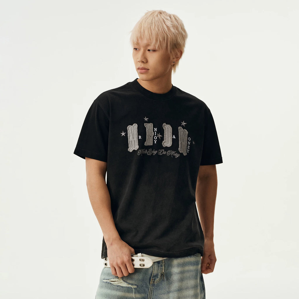 MEDM gradient washed cloth embroidered logo casual round neck short sleeved summer street versatile simple loose couple T-shirt