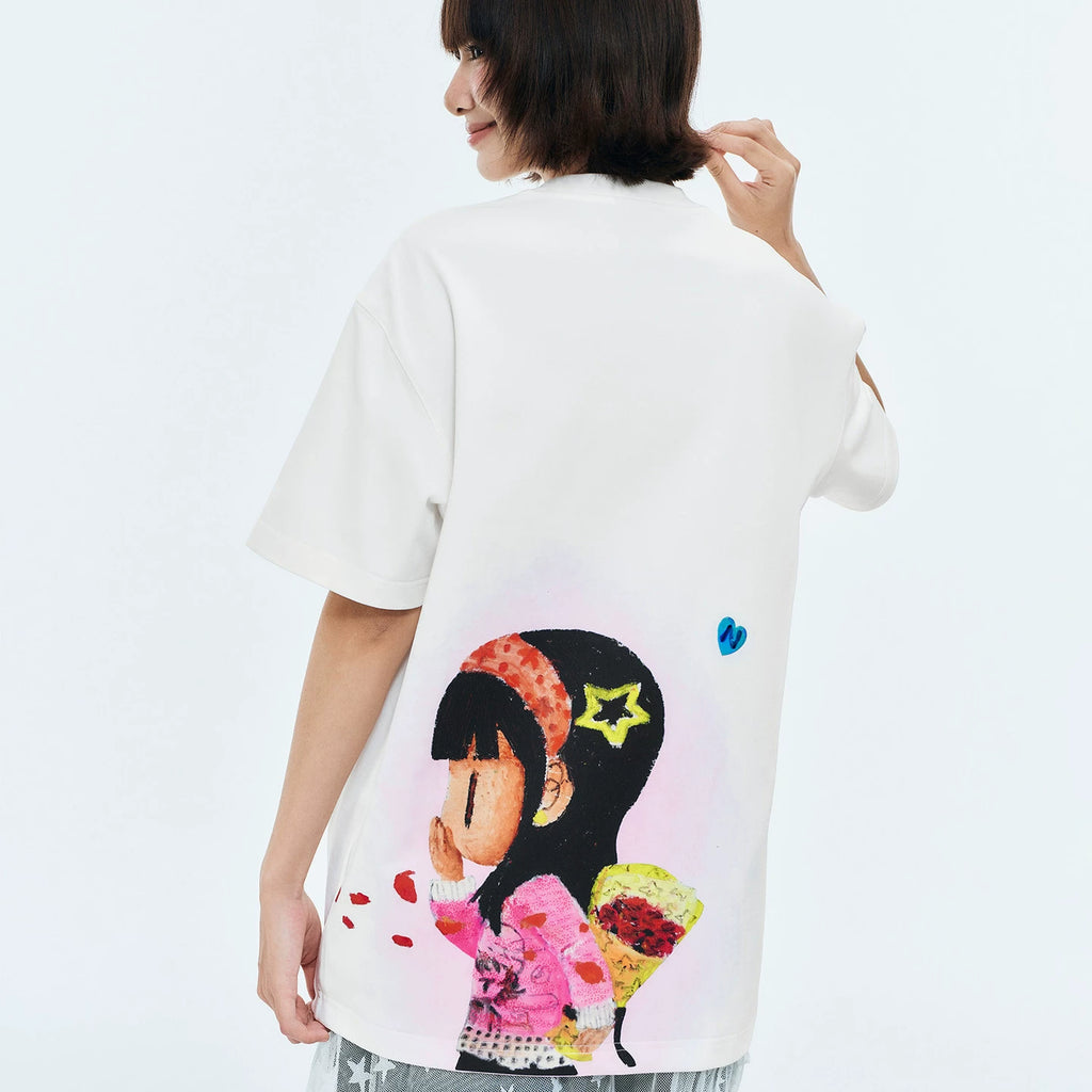 MEDMxNEWMASUS collaboration rose bouquet print casual round neck short sleeved trendy versatile couple T-shirt summer
