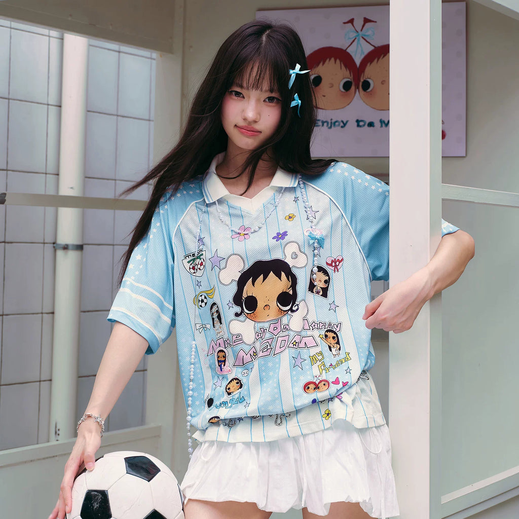 MEDM × YUY Jade Collaboration - Pattern Printed Letter Embroidered Casual Collar Jersey Short Sleeve Versatile Sweet Cool T-shirt