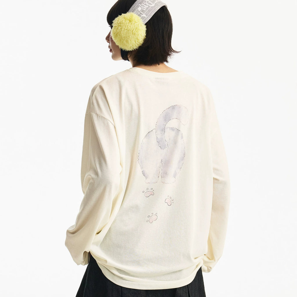 MEDM Angel Cat Pattern Printed Casual Round Neck Long Sleeve T-shirt Women's Versatile Cute Style Loose Top Summer
