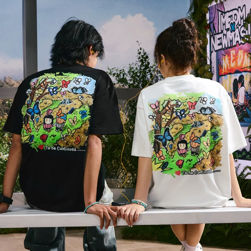 MEDMxNewsus collaboration butterfly garden walking short sleeved T-shirt for both men and women, summer trendy brand couple outfit T-shirt