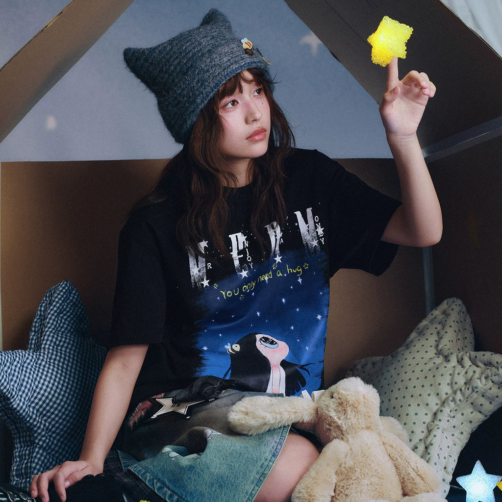 MEDM x Iria's mailbox collaboration looks up at the starry sky with digital print glitter logo short sleeved casual T-shirt for women's summer