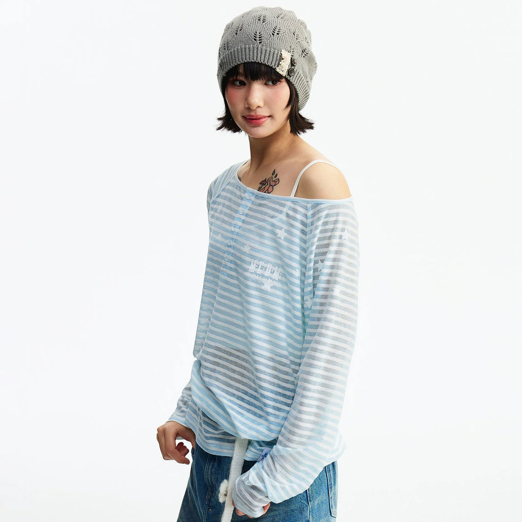 MEDM diagonal shoulder striped star casual lazy long sleeved T-shirt summer lightweight mesh breathable simple top for women