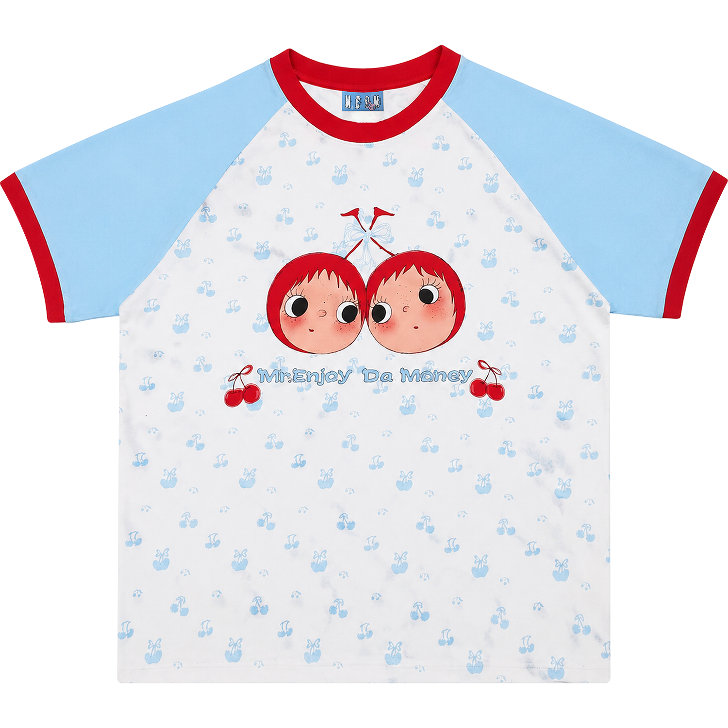 MEDM × YUY Jade Collaboration - Cherry Small Edition Shoulder Insertion Full Print Color Contrasting Casual Round Neck Short Sleeve Trendy Couple T-shirt