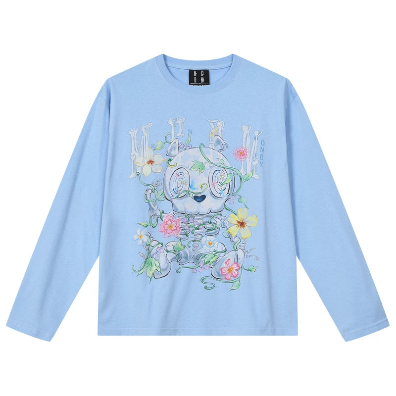 MEDM Skeleton Bear Vine Flower Printed Round Neck Casual Long Sleeve T-shirt Trendy and Comfortable Men's and Women's Top for Spring and Summer