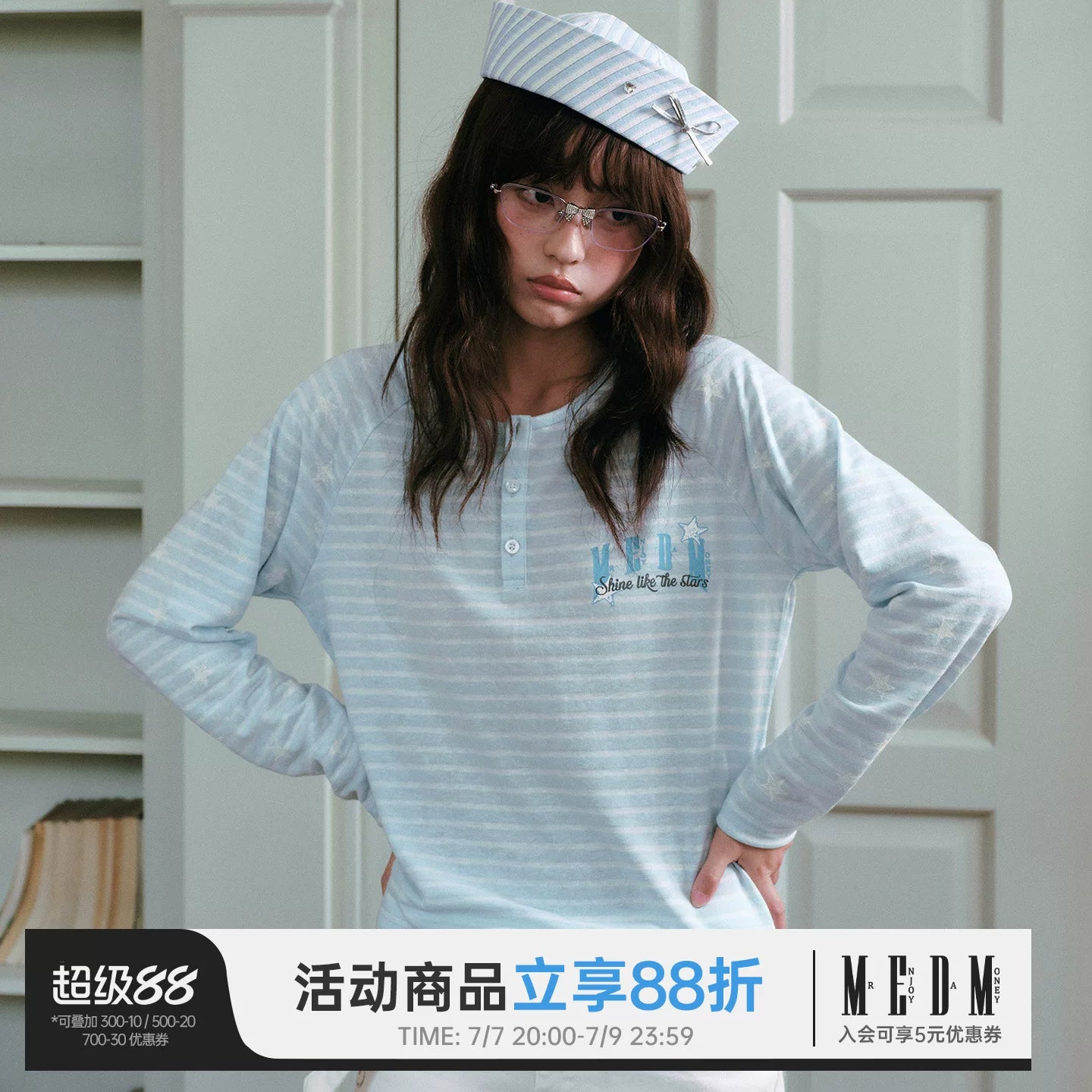MEDM fine striped star raglan sleeves Henley shirt loose long sleeved T-shirt women's trendy soft girl style casual top