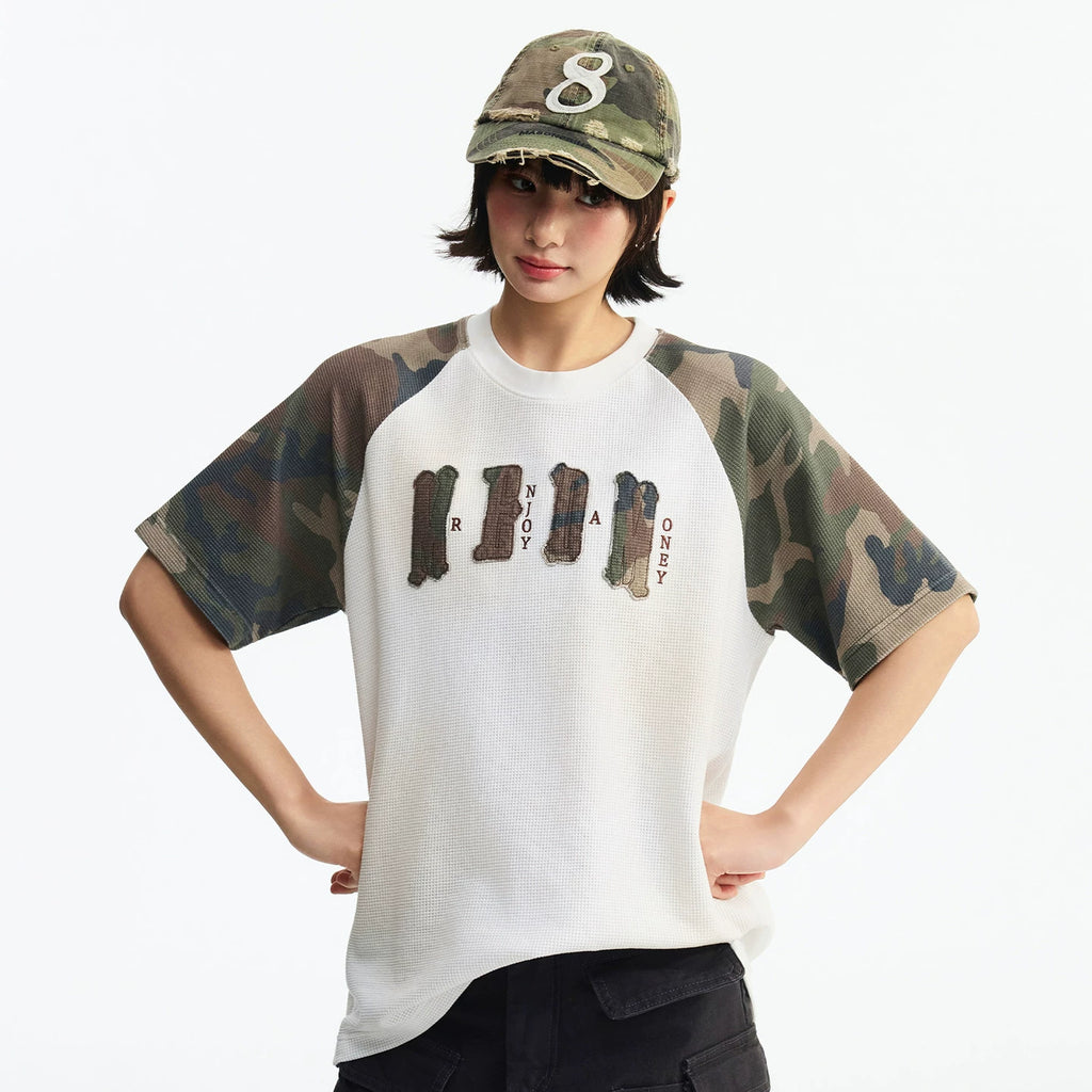 MEDM Waffle Camouflage Patch Logo Shoulder Insertion Casual Round Neck Short Sleeve Retro Vintage Vintage Loose Men's and Women's T-shirt Summer