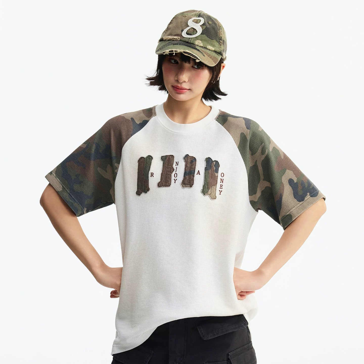 MEDM Waffle Camouflage Patch Logo Shoulder Insertion Casual Round Neck Short Sleeve Retro Vintage Vintage Loose Men's and Women's T-shirt Summer