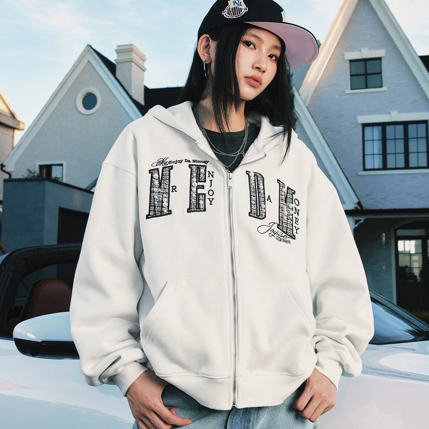 MEDM 26 New Pearl Letter Casual Zipper Hoodie Spring and Autumn American Plush Couple Hoodie Hoodie Sweatshirt