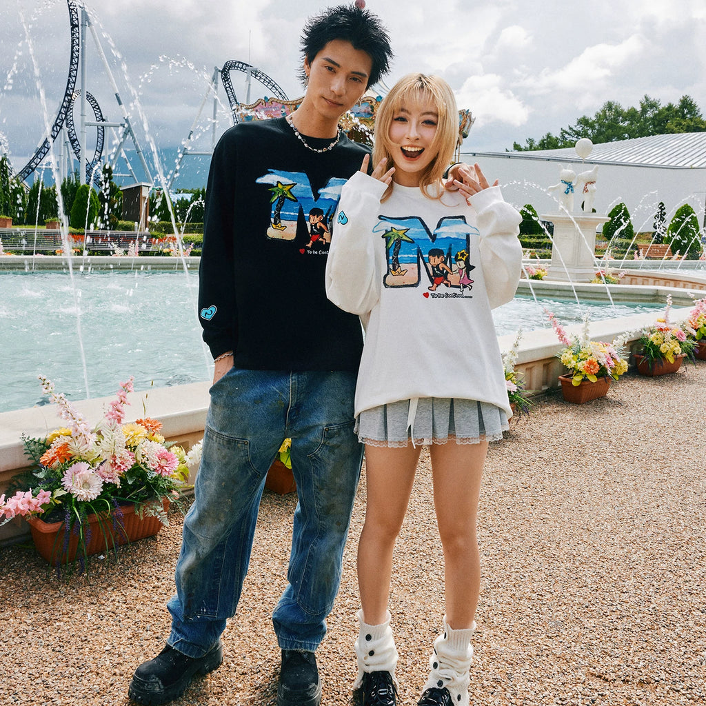 MEDM x NEWMASUS collaboration seaside coconut tree print casual round neck long sleeved T-shirt trendy couple top