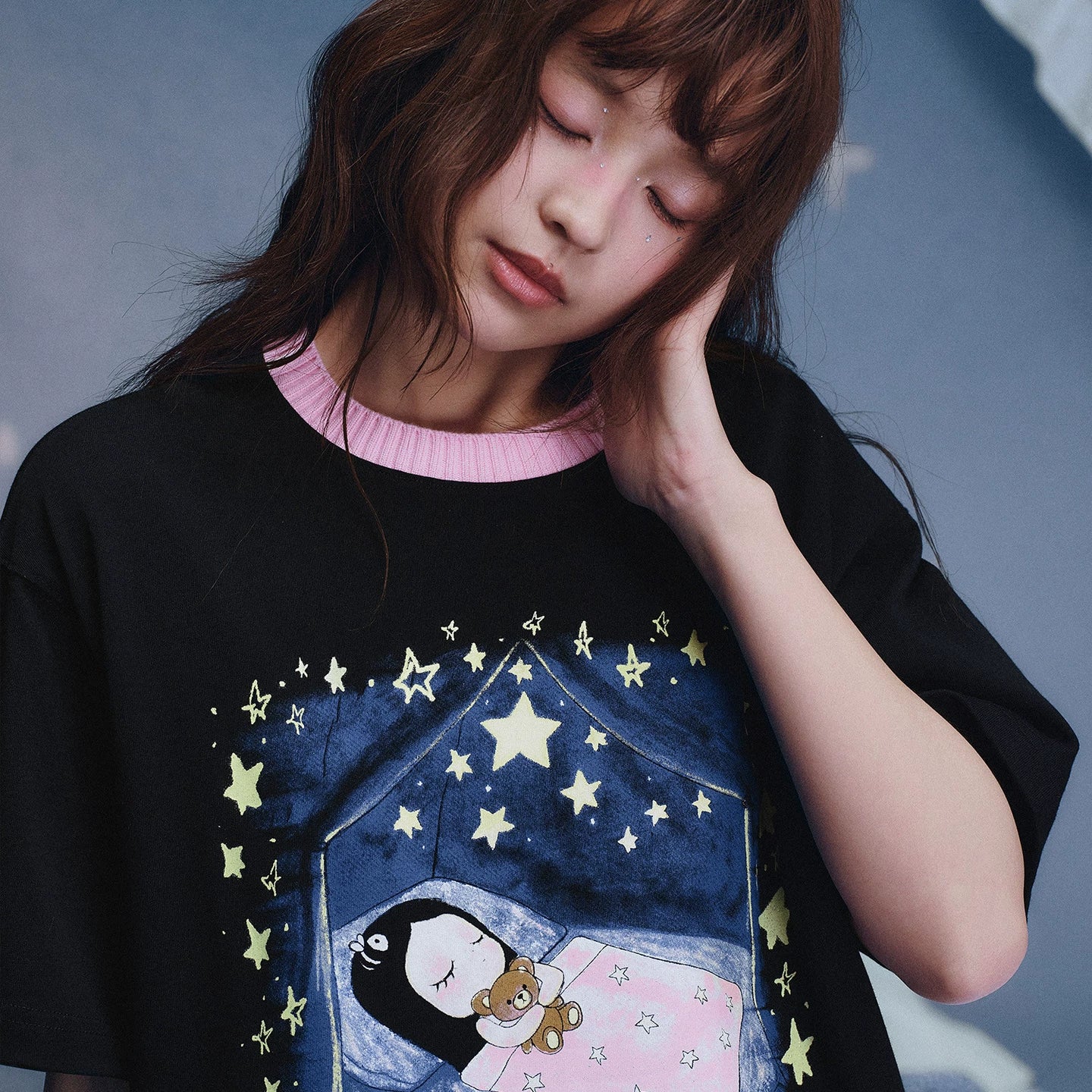 MEDM x Iria mailbox collaboration goodnight starry sky glitter print casual round neck short sleeved cute style T-shirt summer