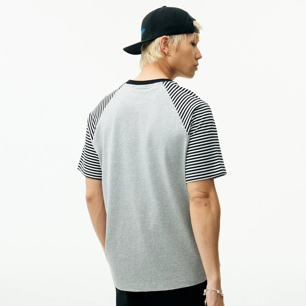 MEDM Basic Stripe Splicing Shoulder Sleeve Casual T-shirt Summer American Retro Logo Embroidered Loose Short Sleeve Men