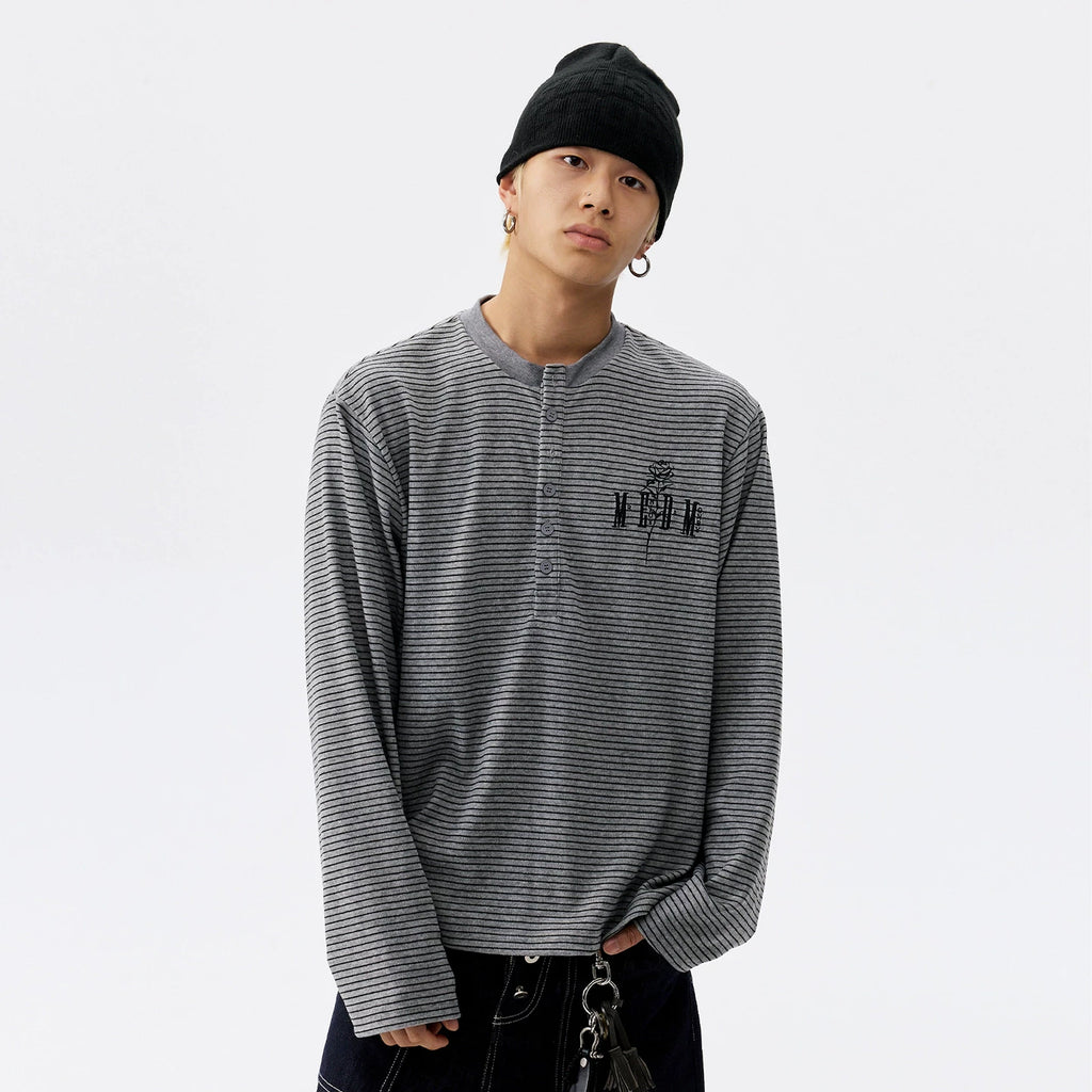 MEDM letter embroidery Henry collar striped casual long sleeved T-shirt for spring and autumn American versatile loose fitting men and women's top t