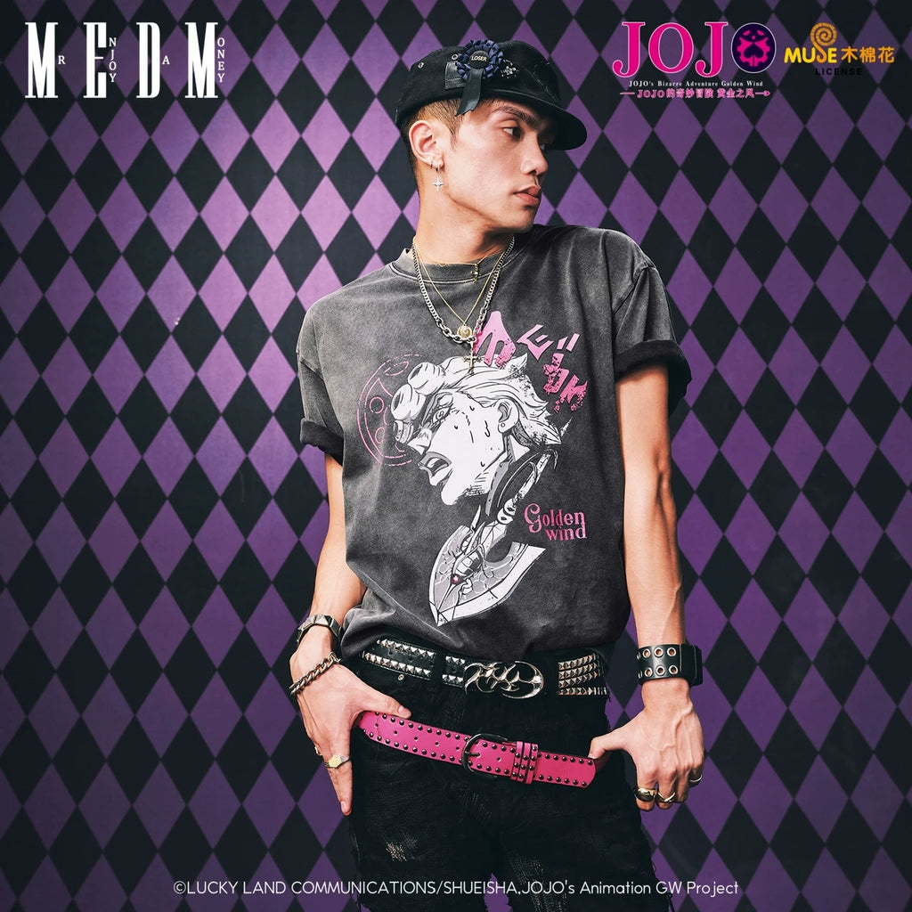 MEDMxJOJO's Bizarre Adventure Collaboration - Making Old Bug Arrow Casual Short Sleeve Washed Retro Round Neck T-shirt for Men