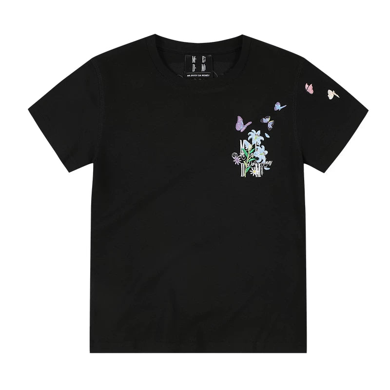 MEDM Butterfly Wrapped Magnolia Embroidered Logo Casual T-shirt Trendy Versatile Slim Fit Look Round Neck Short Sleeve Women