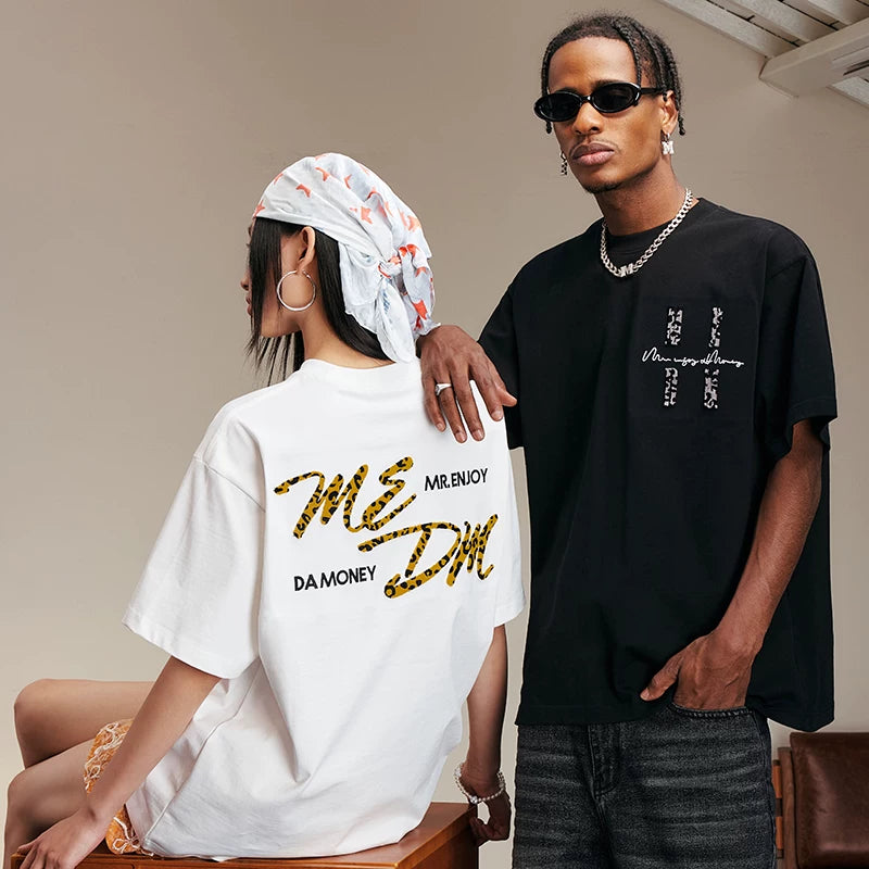 MEDM26SS exquisite leopard print embroidery four character short sleeved women's design sense niche summer T-shirt men's casual top