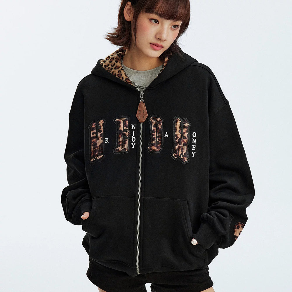 MEDM leopard print hat with leather lining, casual zipper hoodie, American couple casual cardigan, hooded and fleece hoodie, autumn