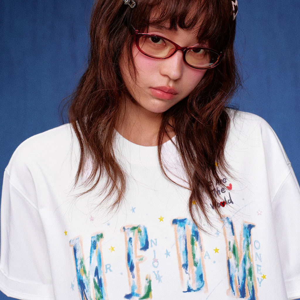 MEDM Same Earth Printed Star Jelly Gel Letter Printed Water Washed Short Sleeve American Retro Casual T-shirt