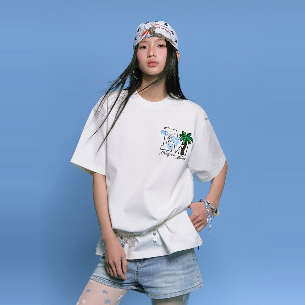 MEDM26SS Summer Palm Tree Summer T-shirt for Men, Pure Cotton Short Sleeve for Women, Design Sense, Niche American T-shirt Trend