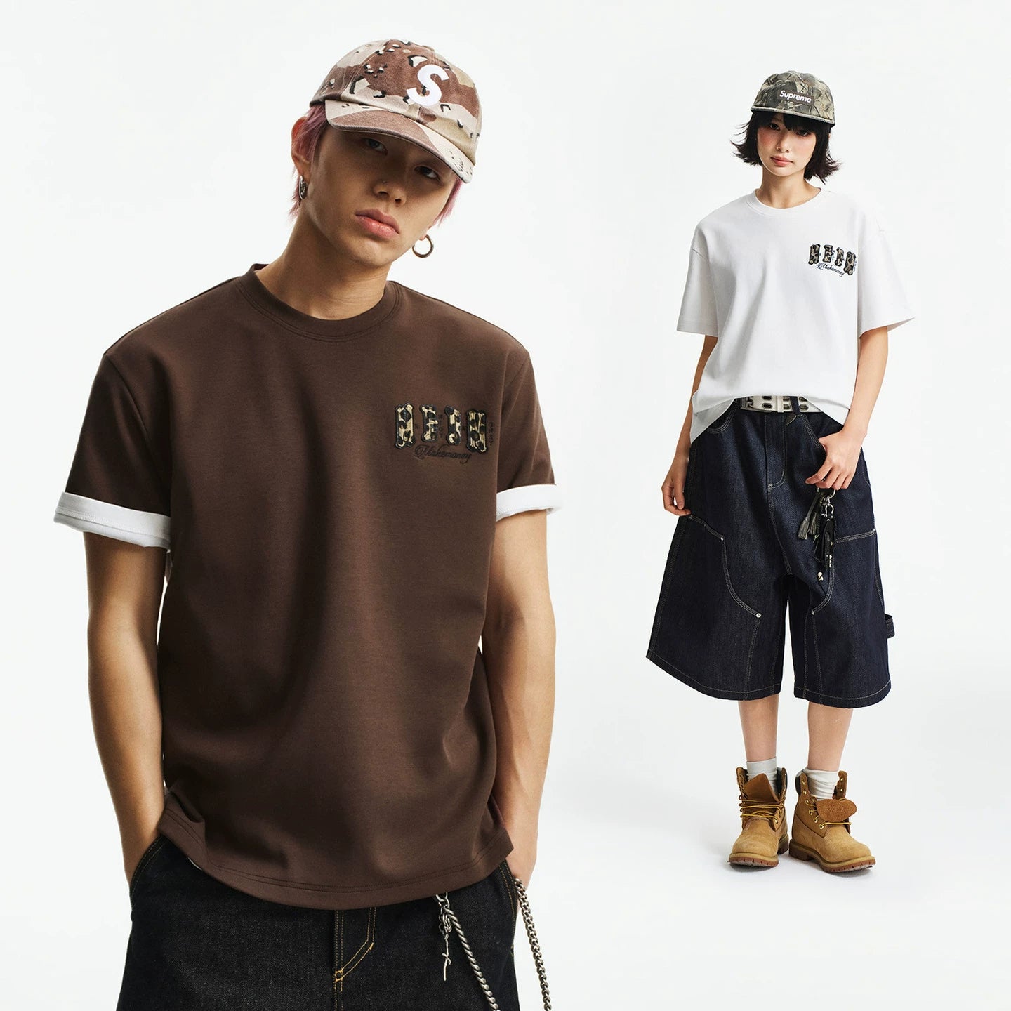 MEDM jelly air cotton double-layer leather small four character casual round neck short sleeved street versatile loose couple T-shirt summer