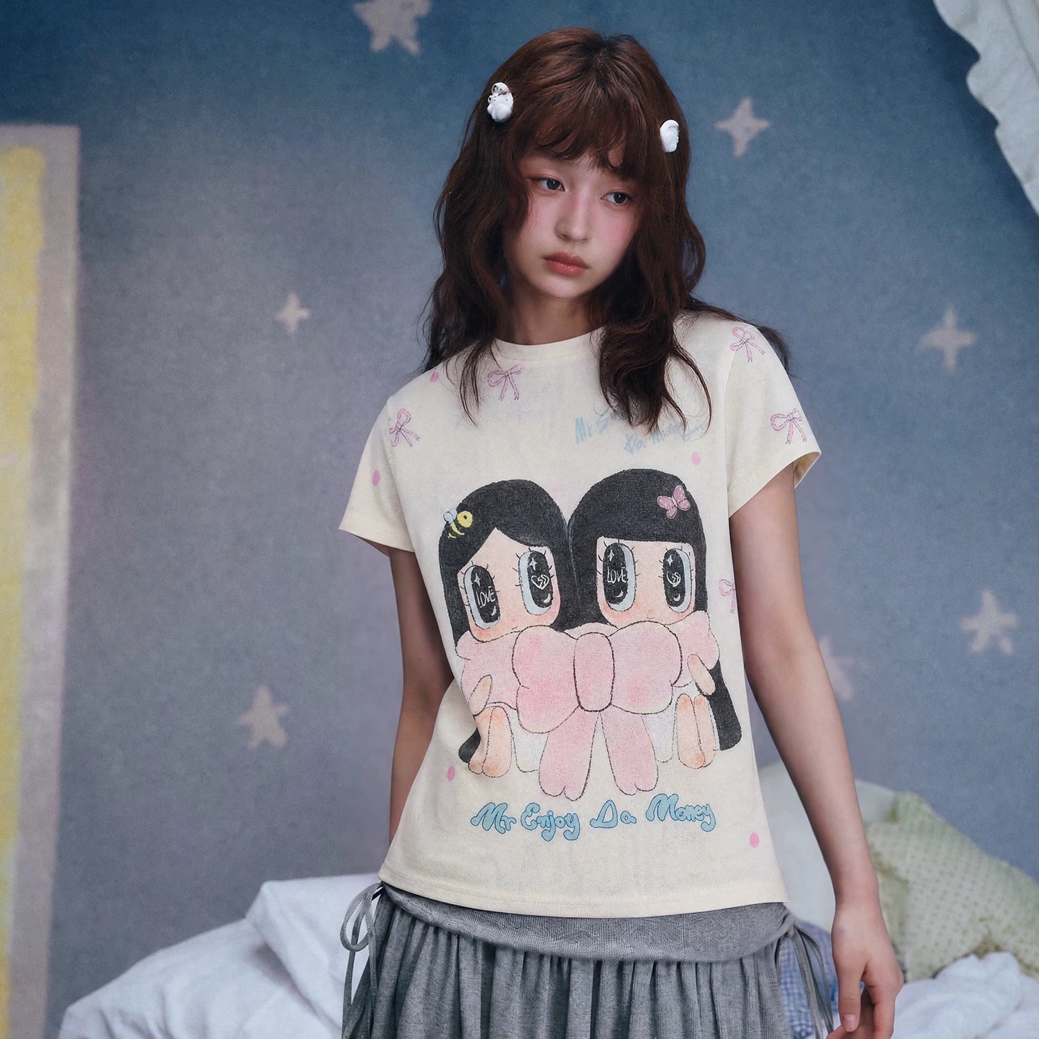 MEDM × Iria mailbox collaboration mailbox bow double printed logo slim fit short sleeved casual T-shirt for women