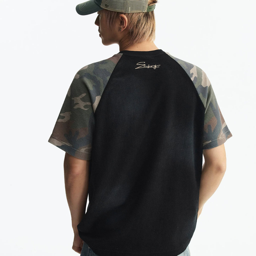 MEDM Waffle Camouflage Patch Logo Shoulder Insertion Casual Round Neck Short Sleeve Retro Vintage Vintage Loose Men's and Women's T-shirt Summer