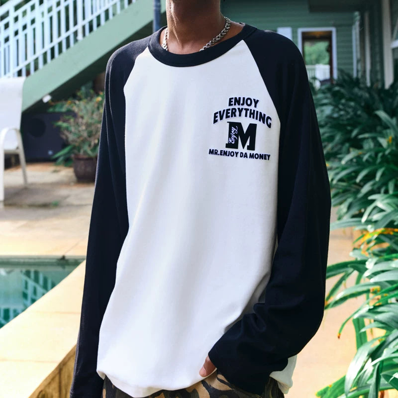 MEDM fashion brand basic color blocking electrostatic flocking long sleeved T-shirt for men's autumn hip-hop raglan sleeve T-shirt base