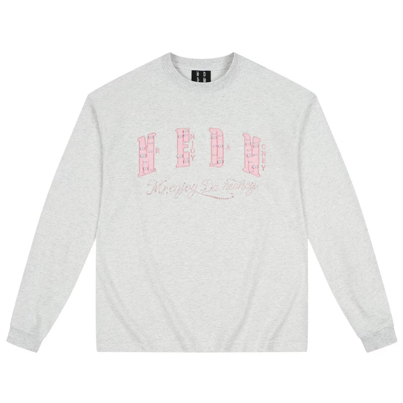 MEDM multi-color small fragrance patch fabric pearl round neck loose long sleeved T-shirt trendy street versatile casual couple top