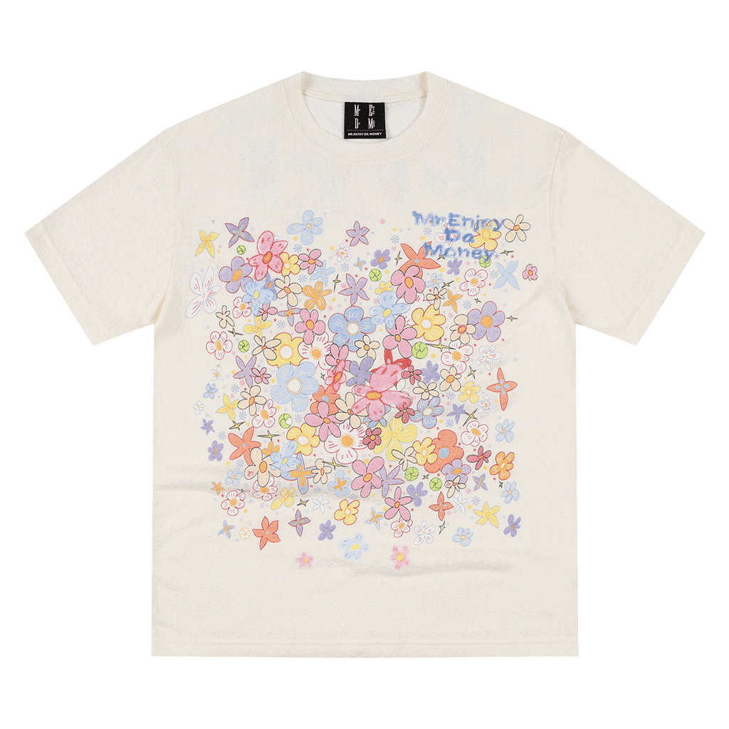 MEDM Dream Illusion Bubble Full Print Flower Sea Dream Sleep Manga Flower Printed Colorful Yarn Casual Short Sleeve Loose Round Neck T-shirt
