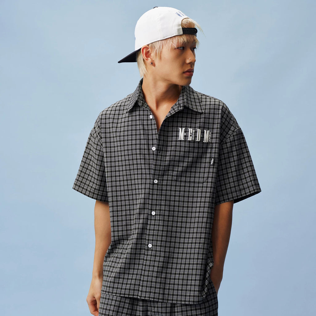 MEDM retro college style embroidered casual plaid shirt American men's and women's loose collared short sleeved plaid top