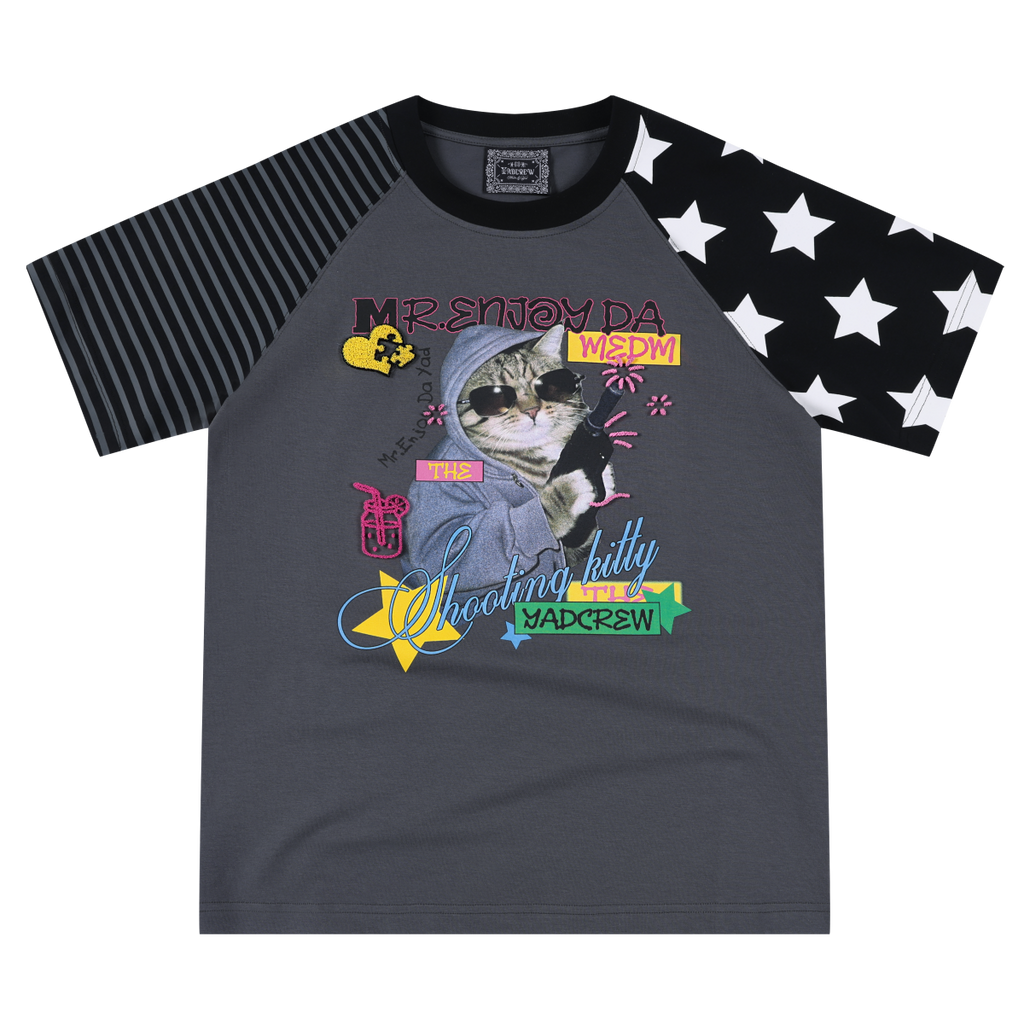 MEDMxYAD co branded cat and dog battle print pattern shoulder T-shirt cute letters three-dimensional loose short sleeved women
