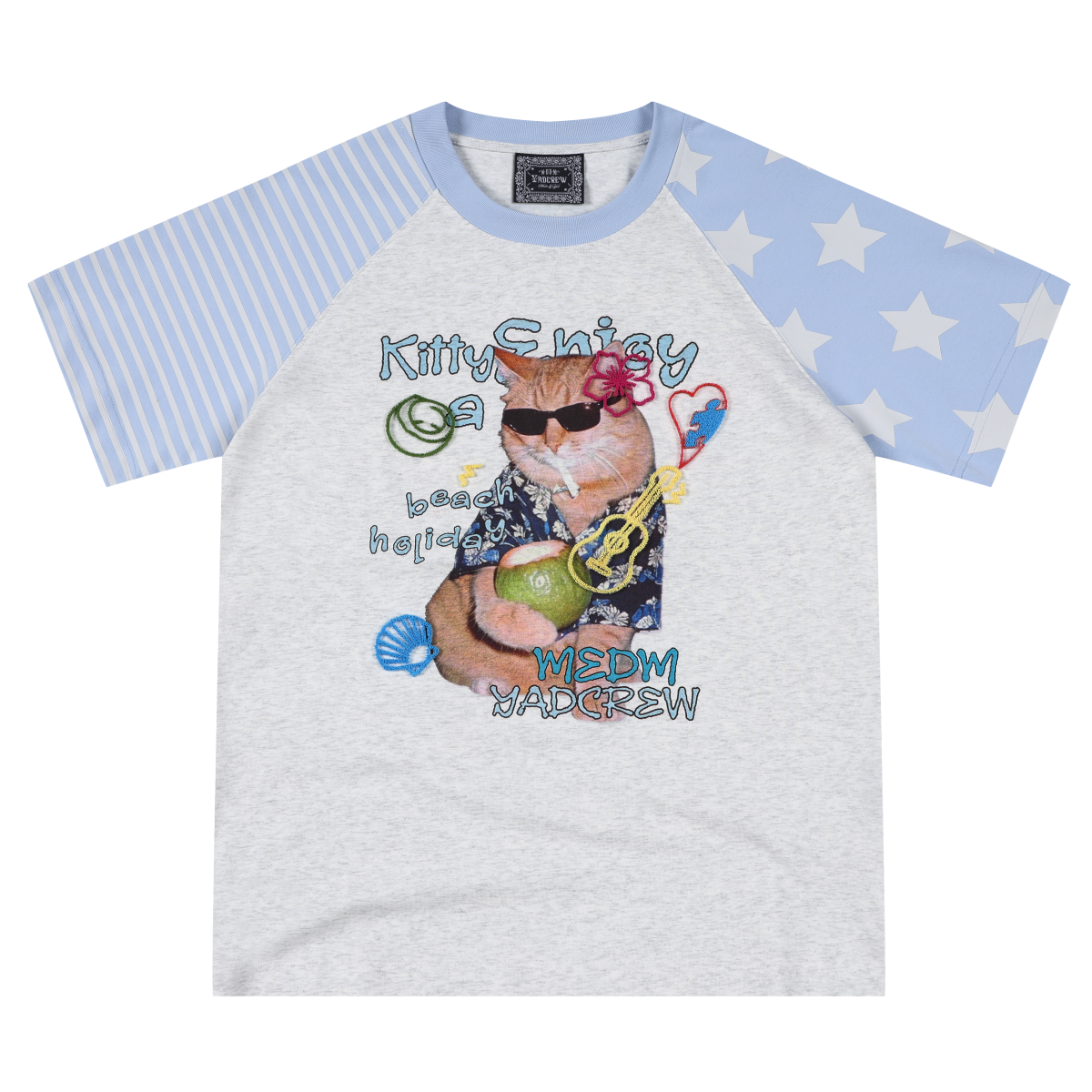 MEDMxYAD co branded cat and dog battle print pattern shoulder T-shirt cute letters three-dimensional loose short sleeved women