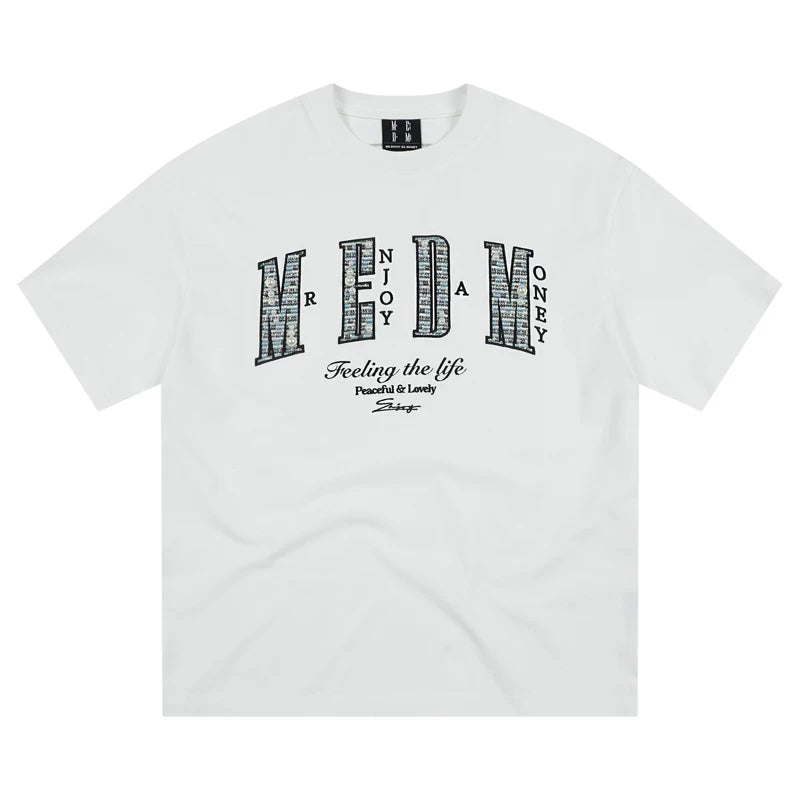 Shen Yue's same MEDM26SS small fragrance filled pearl letter short sleeved T-shirt for men's summer American style T-shirt