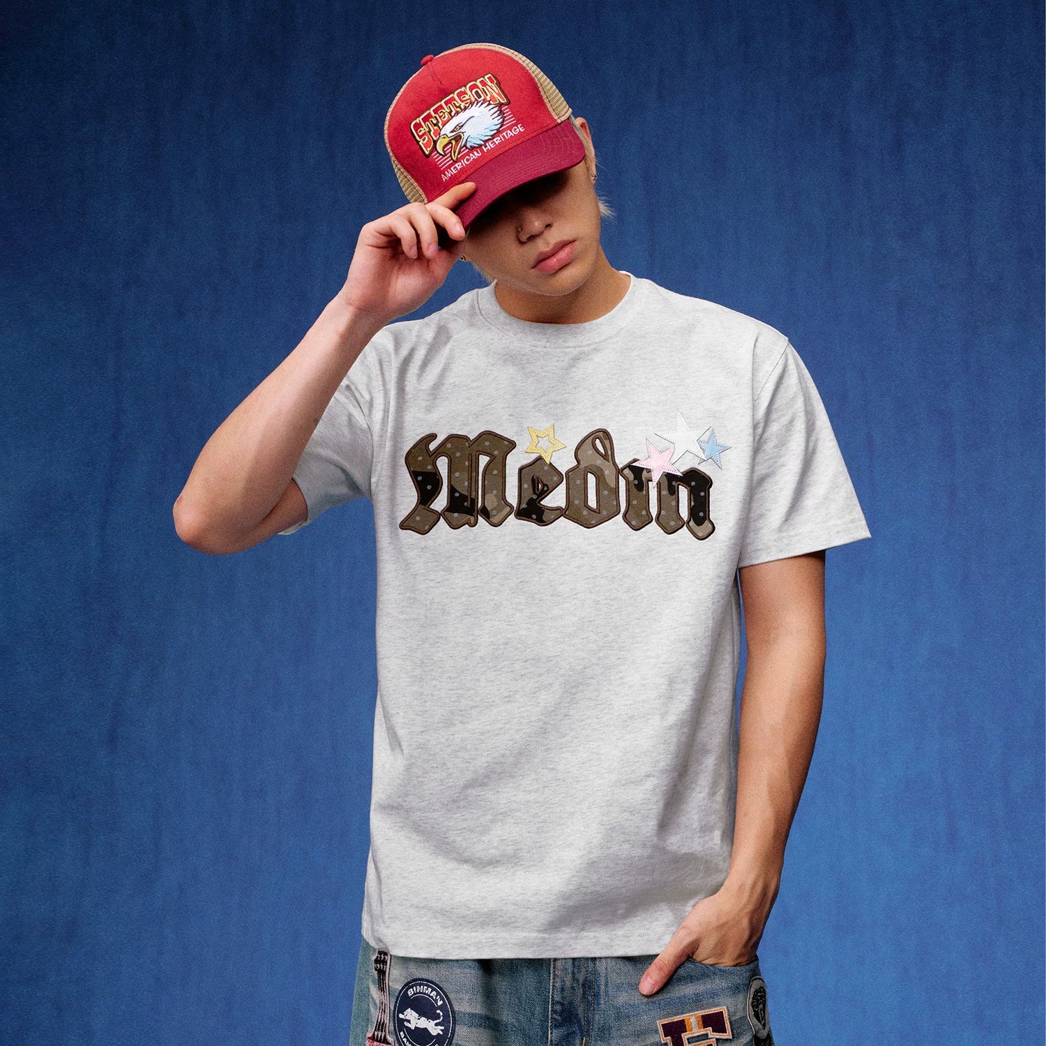 MEDM Sticky Star Camouflage Wave Dot Embroidered Casual Round Neck Short Sleeve Trendy Brand Heavy duty Letter Printed T-shirt for Men