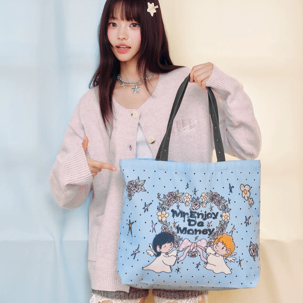 MEDM flower wreath, little angel digital printing, wear-resistant and casual large capacity canvas bag, personalized and cute style handbag
