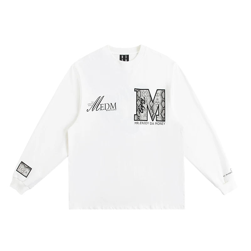 MEDM Fashion Brand Snake Pattern Collar Letter Top China-Chic Round Neck Long Sleeve T-shirt Men's Autumn American Hip Hop Couple